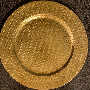 6 Gold plastic Faux Basketweave Chargers 13in dia